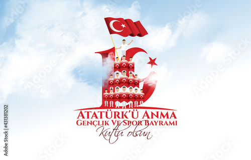 vector illustration 19 mayis Ataturk'u Anma, Genclik ve Spor Bayramiz , translation: 19 may Commemoration of Ataturk, Youth and Sports Day, graphic design to the Turkish holiday, children logo.