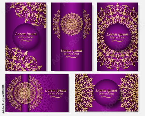 Set of five gorgeous purple gradient backgrounds with gold mandala. Ethnic ornament in the design of cards, covers, labels, packaging, business cards. 
