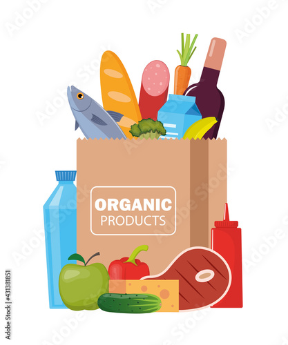 Paper package with fresh healthy products. Organic food from the farm. Vegetables, bread, dairy products, vine, meat, fish and fruits. Food delivery. Vector flat illustration.
