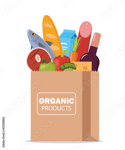 Paper package with fresh healthy products. Organic food from the farm. Vegetables, bread, dairy products, vine, meat, fish and fruits. Food delivery. Vector flat illustration.