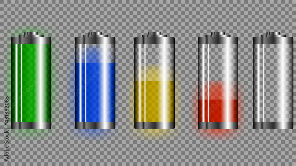A set of transparent batteries. Battery charge level A set of transparent batteries. Battery charge level
