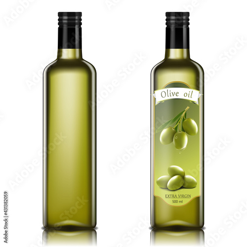 Olive oil glass bottles with olive oil splash. Vector 3D realistic template design.
