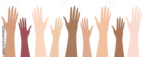 Raised up hands of different skin color. Isolated vector illustration on white background