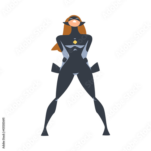 Beautiful Girl Superhero Character Celebrating Victory, Superwoman Dressed Black Costume and Mask Cartoon Vector Illustration