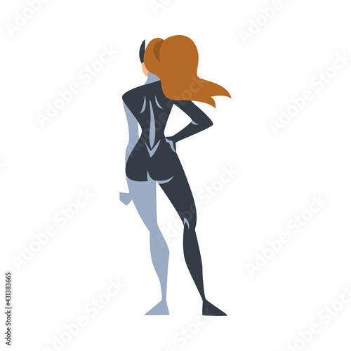 View From Behind of Girl Superhero Character in Black and Gray Costume Cartoon Vector Illustration