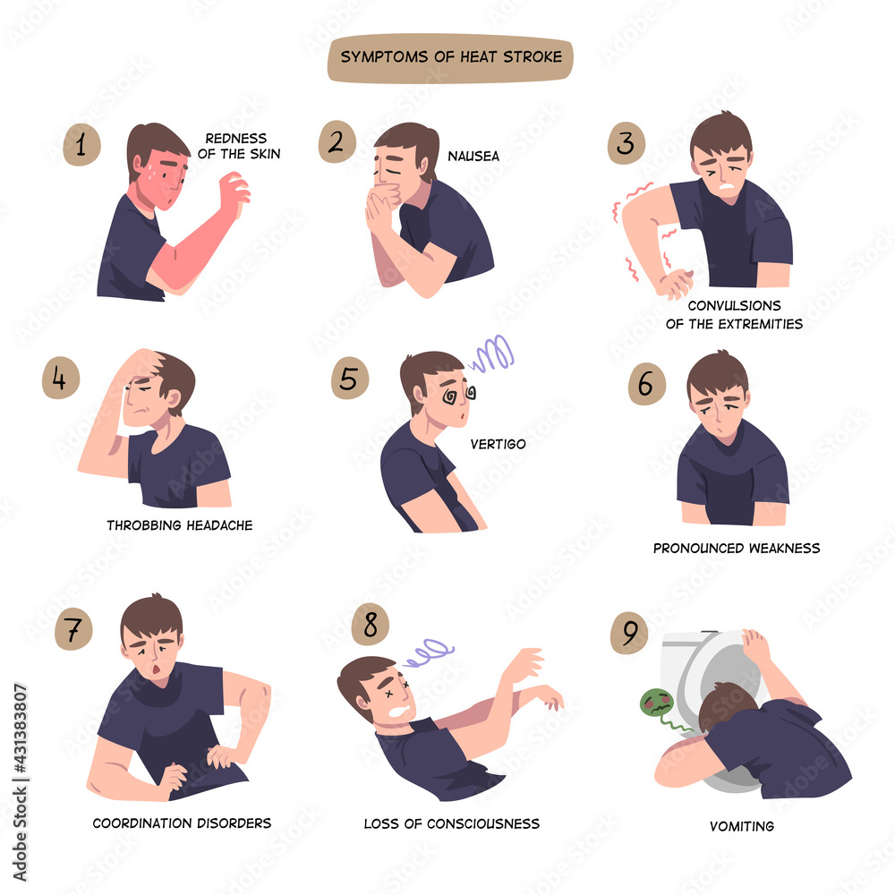 Symptoms of Heart Stroke Set, Man Suffering from Redness of the Skin, Nausea, Convulsions of the Extremities, Throbbing Headache, Vertigo Cartoon Vector Illustration Symptoms of Heart Stroke Set, Man Suffering from Redness of the Skin, Nausea, Convulsions of the Extremities, Throbbing Headache, Vertigo Cartoon Vector Illustration