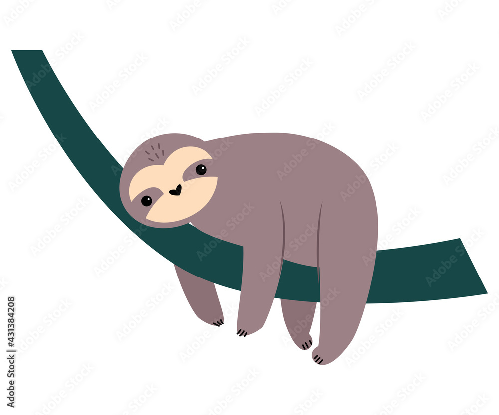Fototapeta premium Cute Sloth Animal, Exotic Tropical Fauna Element, African Savanna Inhabitant Cartoon Vector Illustration