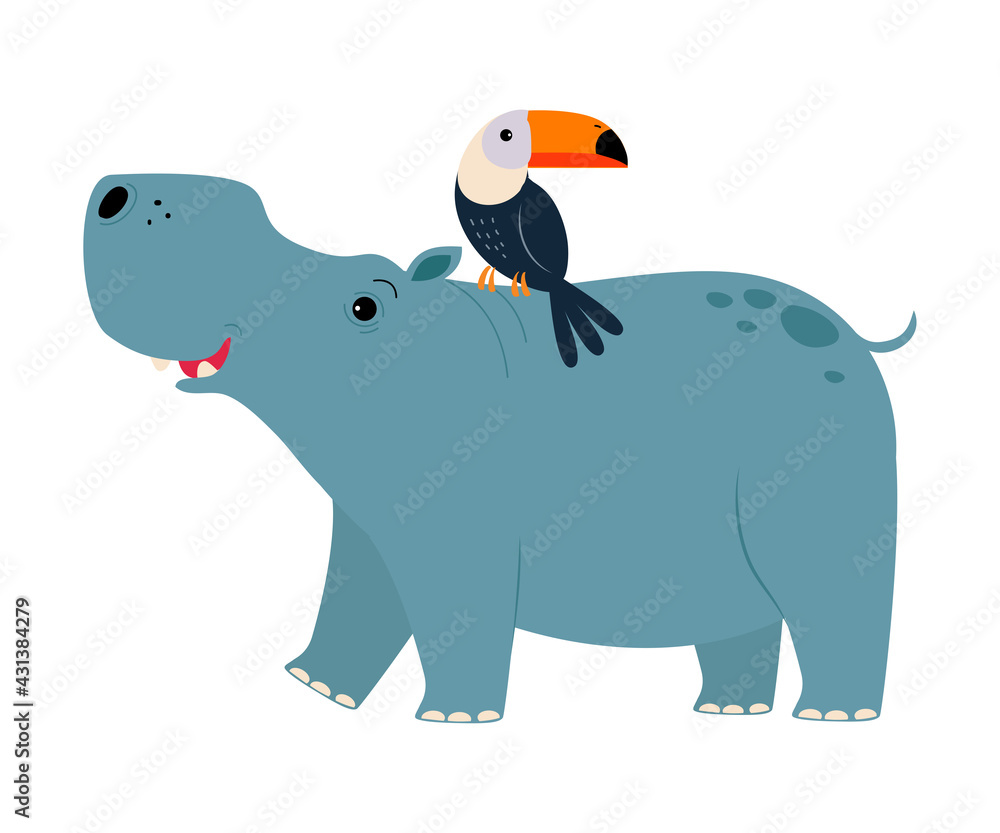 Fototapeta premium Cute Hippopotamus and Toucan Animals, Exotic Tropical Fauna, African Savanna Inhabitant Cartoon Vector Illustration