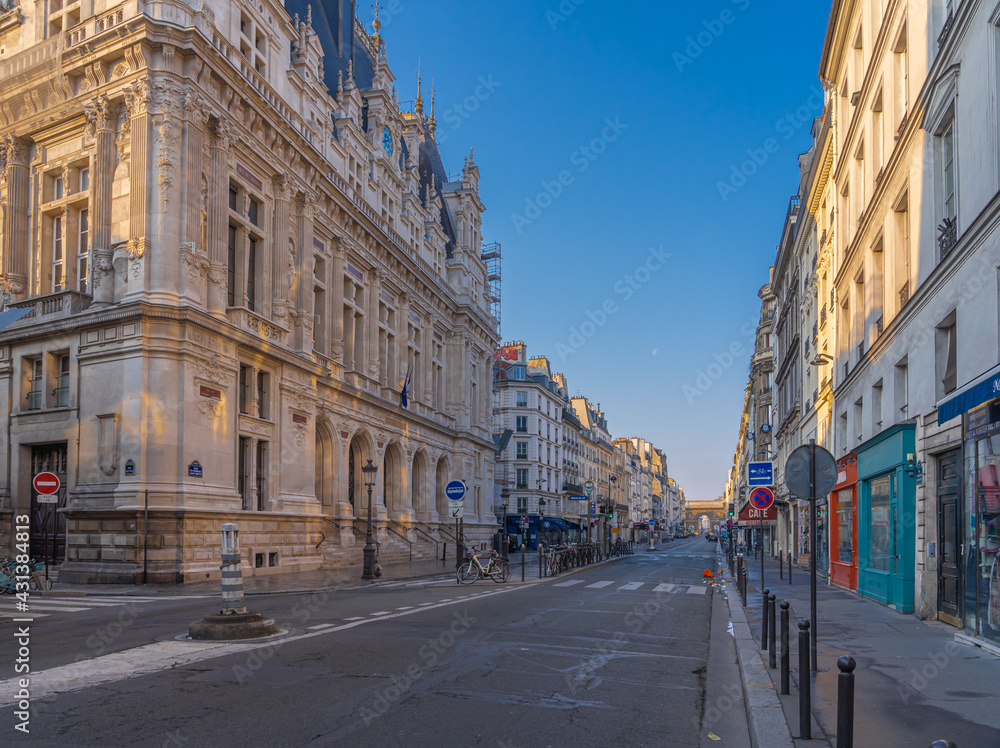 Paris, France - 05 02 2021: View of triumphal arch of Saint-Martin gate from Faubourg Saint-Honore street