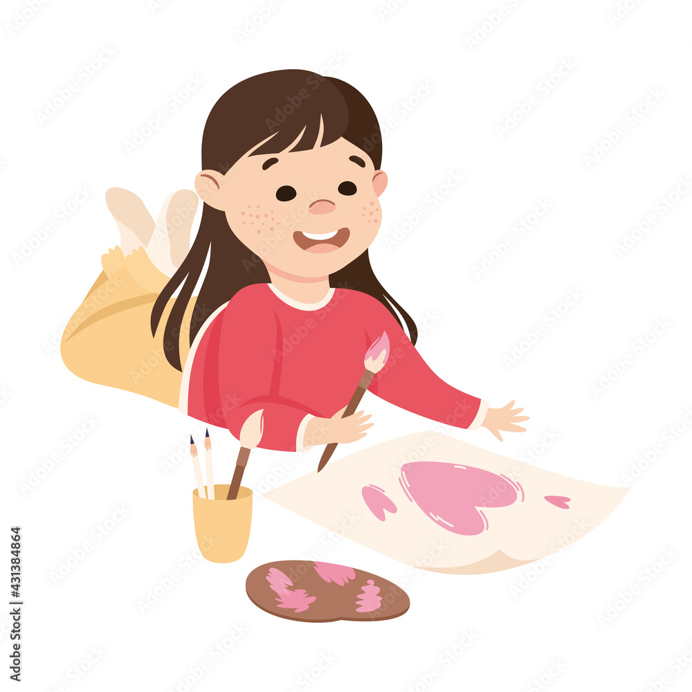 Adorable Girl Lying on Floor and Painting with Paintbrush, Cute Kid Creative Activity Cartoon Vector Illustration