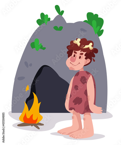 Ancient man. Pithecanthropus in skin stands next to a cave and a bonfire. Prehistoric world of man. Vector illustration in cartoon style. Isolated fun clipart on white background