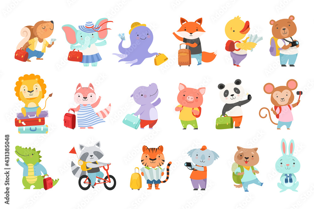Set of Cute Adorable Animal Characters Traveling on Summer Vacation Cartoon Vector Illustration