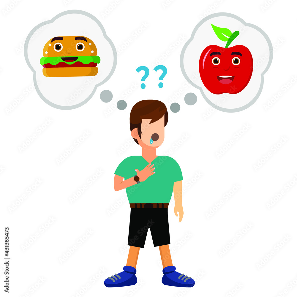 human think burger and apple to eat of cartoon character vector illustration human think burger and apple to eat of cartoon character vector illustration