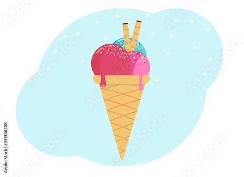 Three scoops of ice cream with decorations in a conical waffle cup