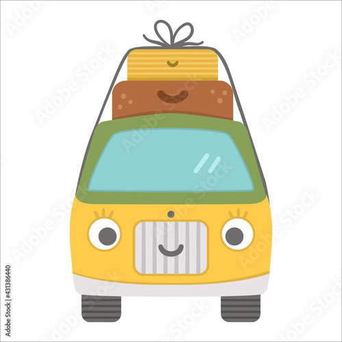 Vector tourist van with suitcases on top. Cute kawaii camper with eyes and mouth. Camping car illustration. Journey vehicle concept. Funny truck icon with bags.