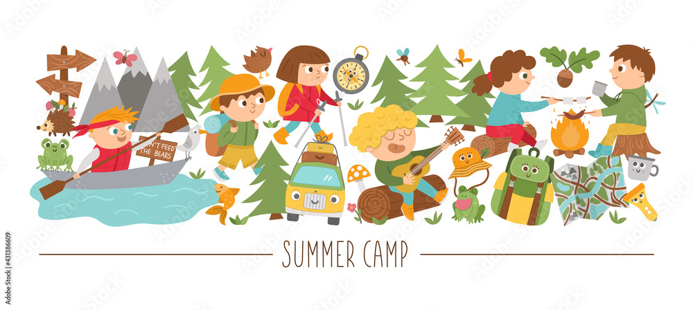Vector horizontal set with cute comic forest animals and children doing summer camp activities. Card template design with woodland characters and kids on holidays. Funny active trip border..