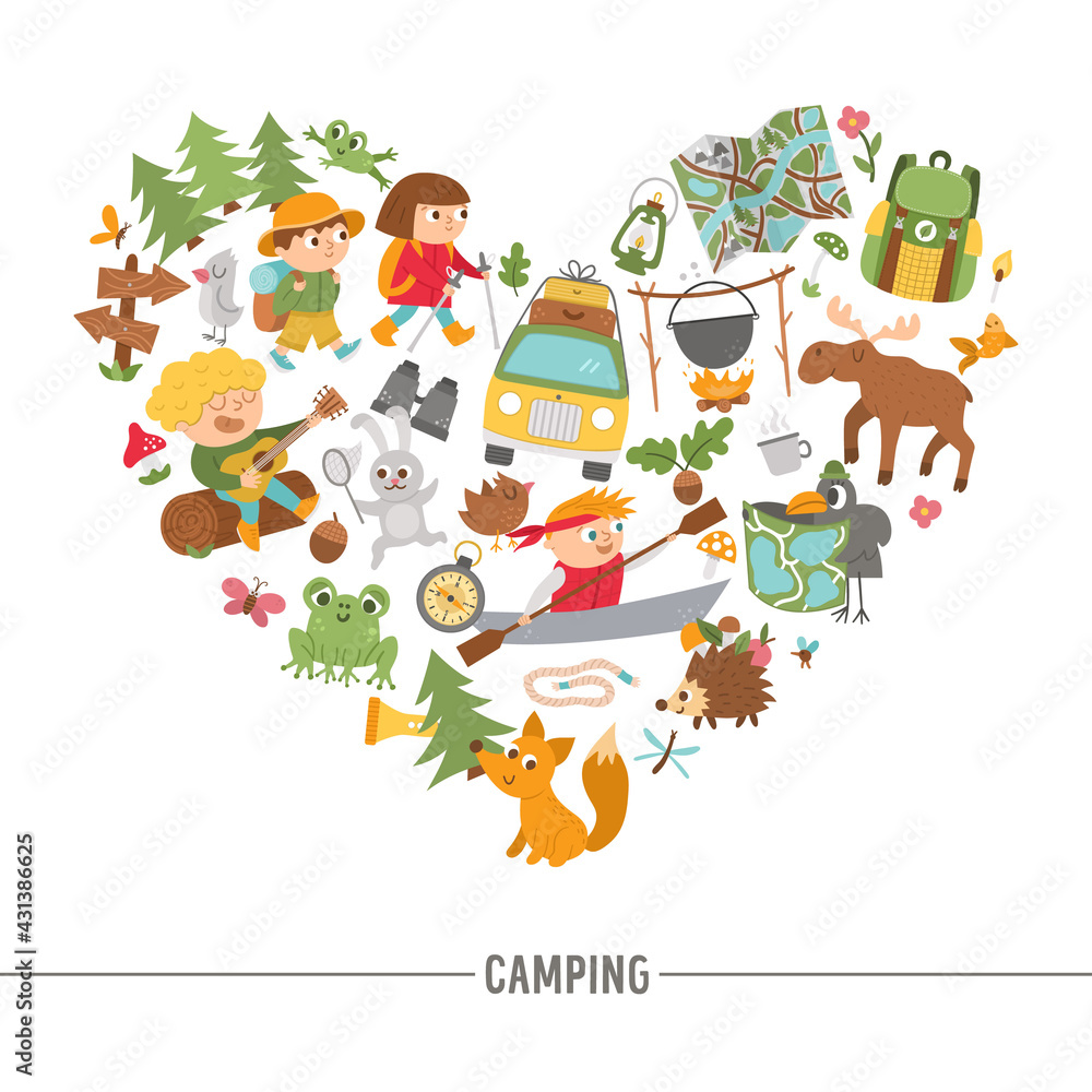 Vector heart shaped frame with cute comic forest animals, elements and children doing summer camp activities. Card template design with kids on holidays for banners, posters, invitations. . Vector heart shaped frame with cute comic forest animals, elements and children doing summer camp activities. Card template design with kids on holidays for banners, posters, invitations. .