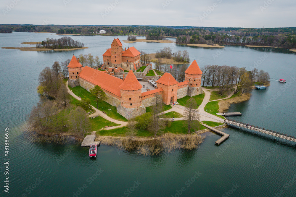 Aerial view of Trakai island castle in Lithuania