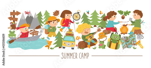 Vector horizontal set with cute comic forest animals and children doing summer camp activities. Card template design with woodland characters and kids on holidays. Funny active trip border.. © Lexi Claus