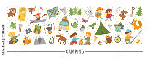 Vector horizontal set with cute comic forest animals, elements and children doing summer camp activities. Card template border design with woodland characters and kids on holidays. .