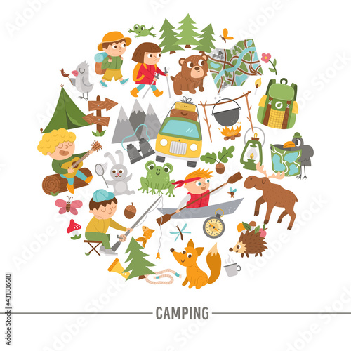 Vector round frame with cute comic forest animals, elements and children doing summer camp activities. Card template design with kids on holidays for banners, posters, invitations. .