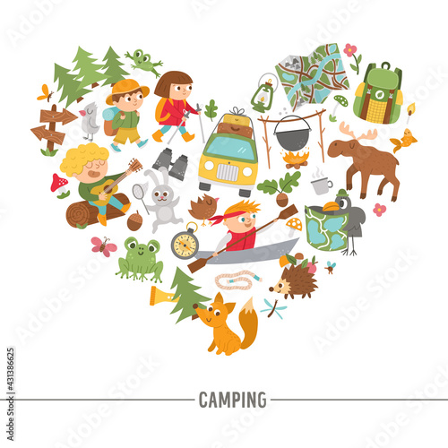 Vector heart shaped frame with cute comic forest animals, elements and children doing summer camp activities. Card template design with kids on holidays for banners, posters, invitations. .