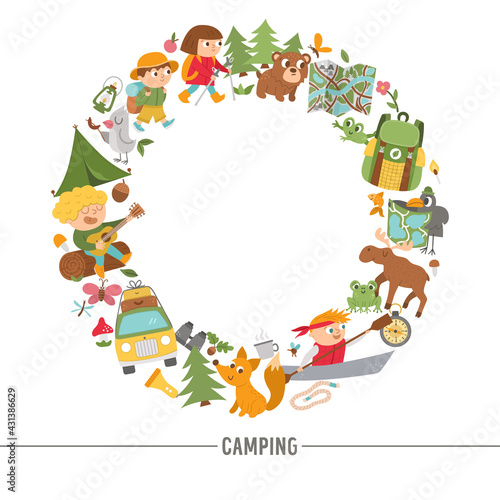 Vector round frame or wreath with cute comic forest animals, elements and children doing summer camp activities. Card template design with kids on holidays for banners, posters, invitations. .
