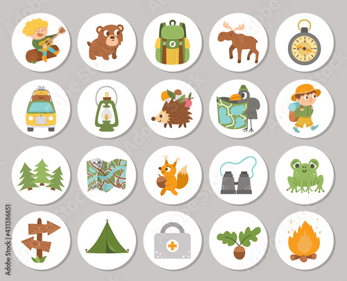Cute set of Summer camp round cards with cute forest animals, camping elements and kids. Vector active trip highlight icons collection. Holidays or local tourism design for tags, social media.