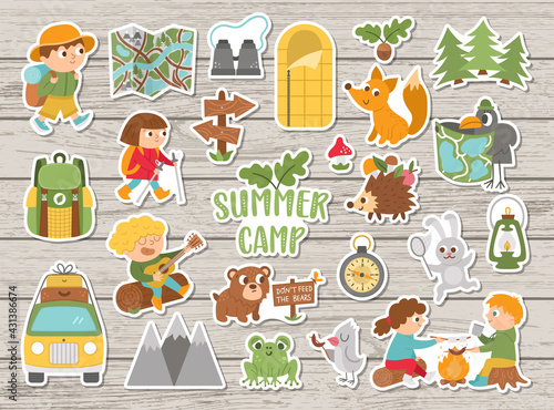 Vector summer camp stickers set. Camping, hiking, fishing equipment patches collection with cute kids and forest animals on wooden background. Outdoor nature tourism patches pack .