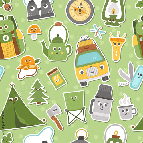 Vector summer camp seamless pattern with cute kawaii stickers. Camping, hiking, fishing equipment patches repeat background. Outdoor nature tourism digital paper with backpack, van, tent. .