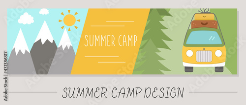 Cute Summer camp horizontal card with van with suitcases on top, forest, mountains. Vector adventure trip print template. Active holidays or local tourism bookmark or border banner design .
