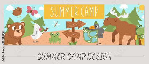 Cute Summer camp horizontal card with comic adorable forest animals in the woods. Vector adventure trip print template. Active holidays or local tourism bookmark or border banner design .