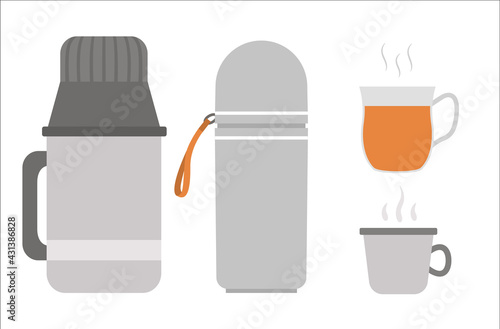 Vector thermos bottles and cups set. Winter or camping traditional warming drink illustration. Hiking hot beverage or tea flask icons isolated on white background.