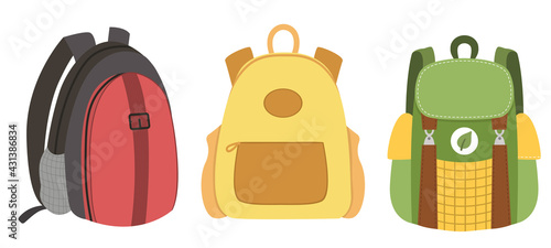 Vector traveler backpacks set. Schoolbag clipart collection. Cute flat style trip bags pack. Luggage design .