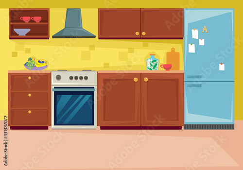 Set kitchen interior. Furniture and household items in the dining room. Vector illustration in cartoon flat style fun