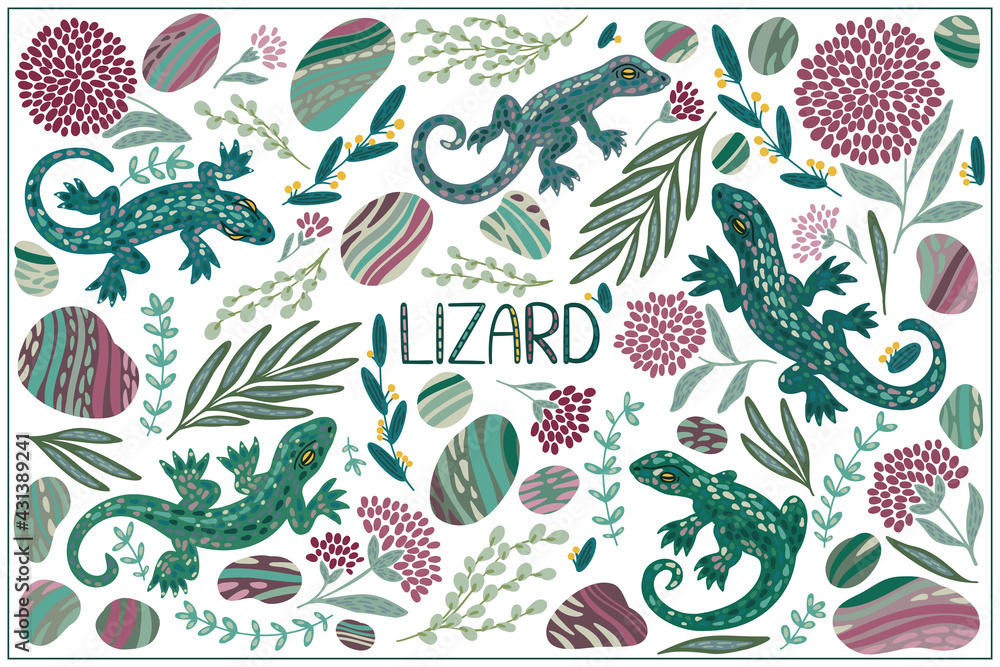 Vector hand-drawn Lizard set with jungle flora, flowers on a white background. Cute baby animals. Greeting card, poster design. Trendy childish print. Isolated design elements for children. Vector hand-drawn Lizard set with jungle flora, flowers on a white background. Cute baby animals. Greeting card, poster design. Trendy childish print. Isolated design elements for children.