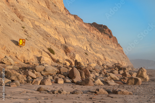 Sandstone Rock Avalanche with Warning Sign at Torrey Pines State Natural Reserve in La Jolla, Located in San Diego County.