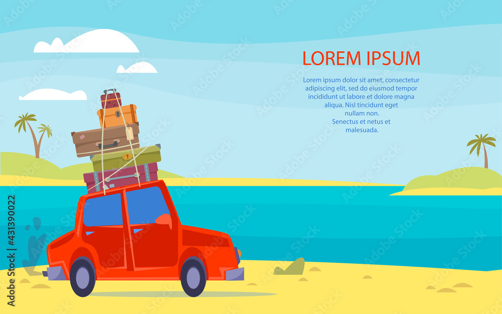 Fototapeta premium The car goes on a trip with a suitcase on the roof. Banner template with the sea. Place for your text. Vector illustration in cartoon children s style. Isolated funny clipart. Cute print.