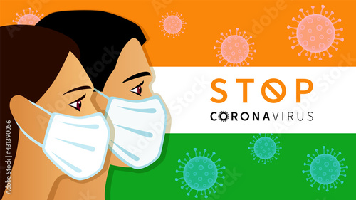 Stop Coronavirus, quarantine concept with men and women in medical mask on India flag. Time to vaccinate banner - vaccine for COVID-19 and social distancing for Indian people