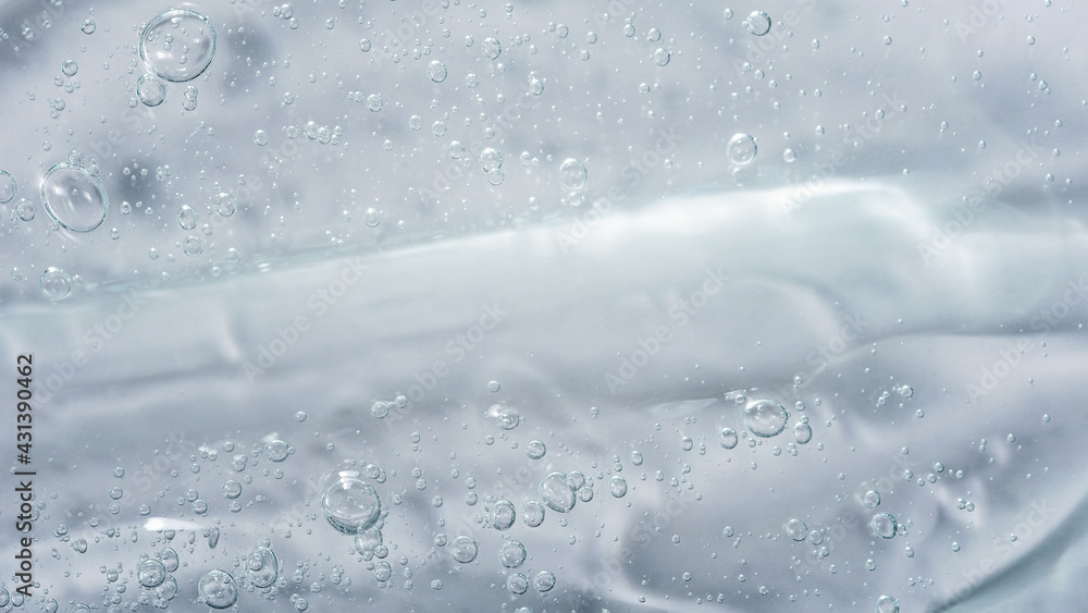 Obraz premium Close up macro Aloe vera gel cosmetic texture white background with bubbles. Lemongrass gel skincare product. antibacterial liquid with aloe vera, moisturizing. Safe and environmental friendly.