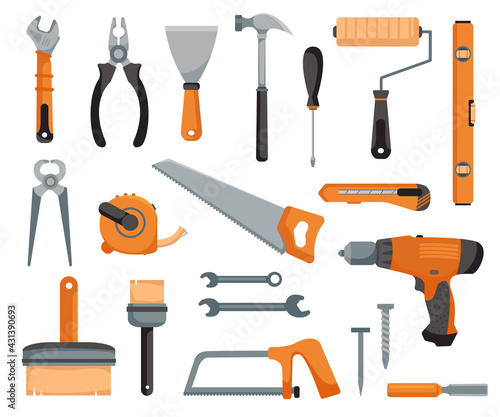 Set of tools of a joiner and repairman. Devices for construction and mechanics. Vector illustration in cartoon style. Isolated funny clipart. Cute print