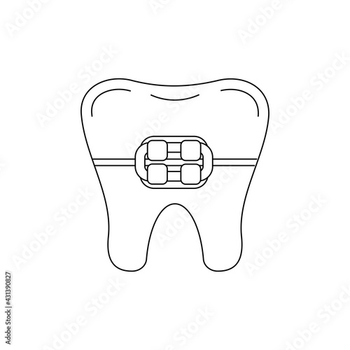 Tooth in braces dental line art icon isolated on white background. Tooth with bracket orthodontic logo. Vector flat design outline dentistry clip art illustration. Editable stroke.
