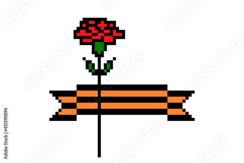 Happy Victory Day, pixel art red carnation flower decorated with Ribbon of Saint George isolated on white background. 8 bit World War II end celebration poster. 9 May holiday card.