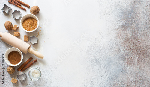 Background with baking ingredients and utensils