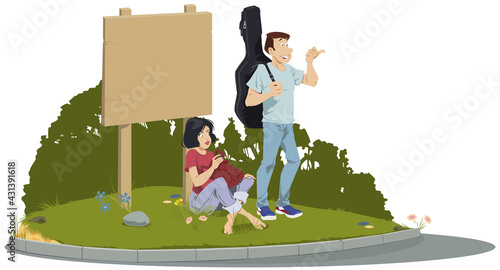 Young Hitchhikers with backpack. Illustration for internet and mobile website.