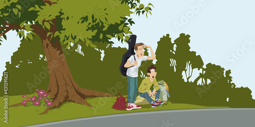 Young Hitchhikers with backpack. Illustration for internet and mobile website.