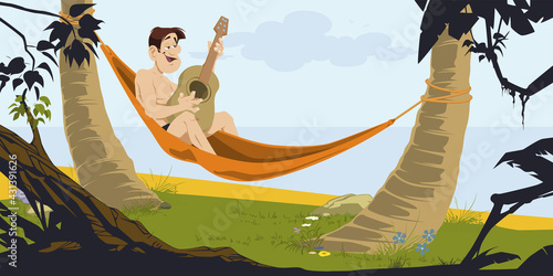 Man in hammock plays guitar. Illustration for internet and mobile website.