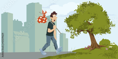 Young man walks from city to nature. Illustration for internet and mobile website.