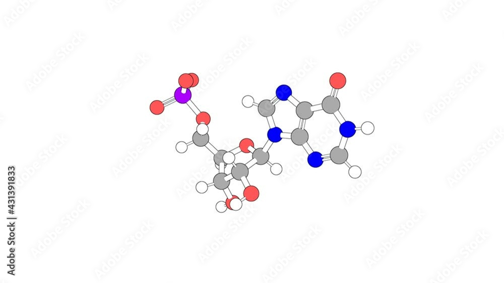 360º realistic 3D view of Imp(2-) as a seamless loop over a white opaque background with alpha mask. Also called inosine 5_-monophosphate and inosinate. 360º realistic 3D view of Imp(2-) as a seamless loop over a white opaque background with alpha mask. Also called inosine 5_-monophosphate and inosinate.