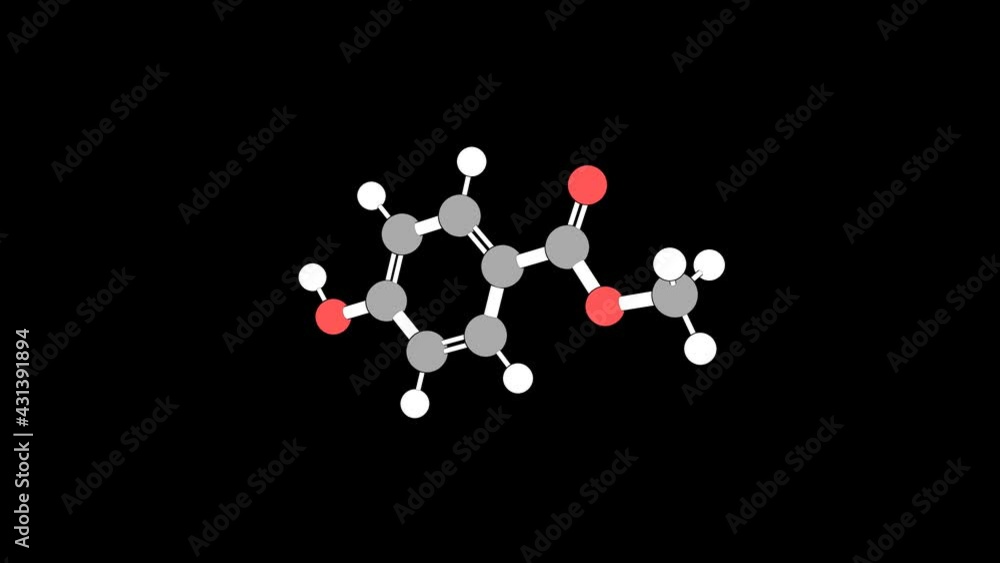360º realistic 3D view of Methyl 4-Hydroxybenzoate as a seamless loop over a black opaque background with alpha mask. Also called methylparaben and methyl paraben. 360º realistic 3D view of Methyl 4-Hydroxybenzoate as a seamless loop over a black opaque background with alpha mask. Also called methylparaben and methyl paraben.